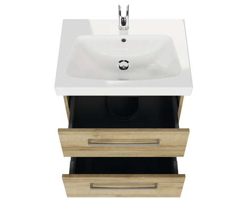 Umyvadlová skříňka se dvěma otevřenými zásuvkami a umyvadlem na desku