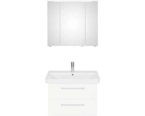 Bílé umyvadlo se skříňkou a zrcadlovou skříňkou do koupelny