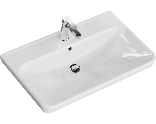 Umyvadlo na desku z sanitární keramiky s vodovodní baterií a odtokovou soupravou