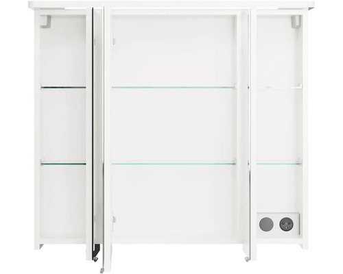 Otevřená zrcadlová skříňka se skleněnými policemi a zásuvkami