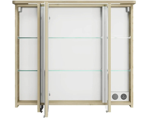 Zrcadlová skříňka se třemi dvířky, skleněnými policemi, zásuvkou a vypínačem světla do koupelny