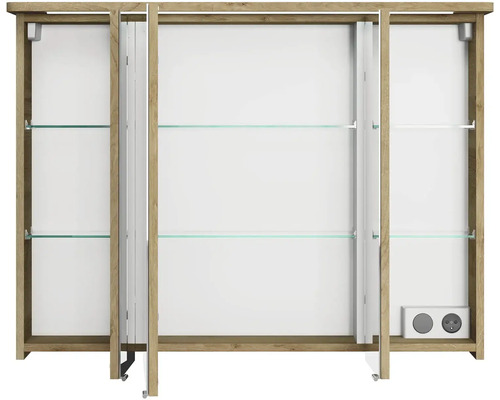 Otevřená obývací stěna se skleněnými policemi a zásuvkami