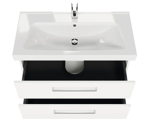 Umyvadlová skříňka se dvěma zásuvkami a zapuštěným umyvadlem a vodovodní baterií