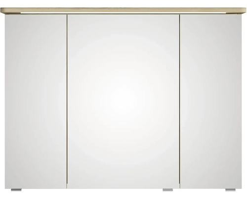 Bílá šatní skříň se třemi dveřmi a dřevěnou deskou