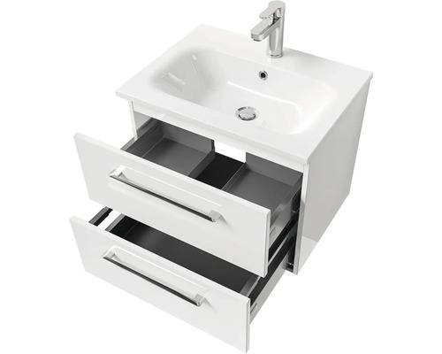 Umyvadlová skříňka se dvěma otevřenými zásuvkami a umyvadlem na desku