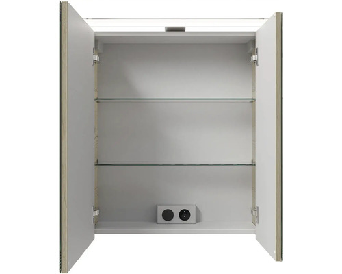 Otevřená zrcadlová skříňka se dvěma policemi a zásuvkou