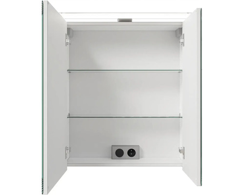 Otevřená zrcadlová skříňka se dvěma skleněnými policemi a zásuvkou.