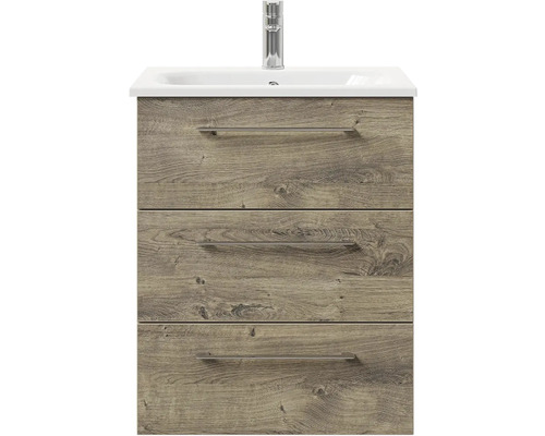 Skříňka pod umyvadlo se třemi zásuvkami, vzhled dřeva a umyvadlo na desku