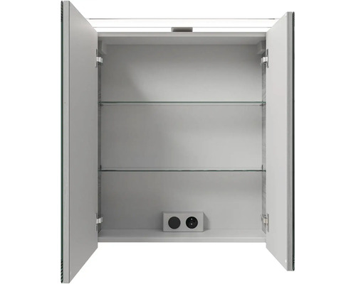 Otevřená zrcadlová skříňka se dvěma skleněnými policemi a zásuvkou