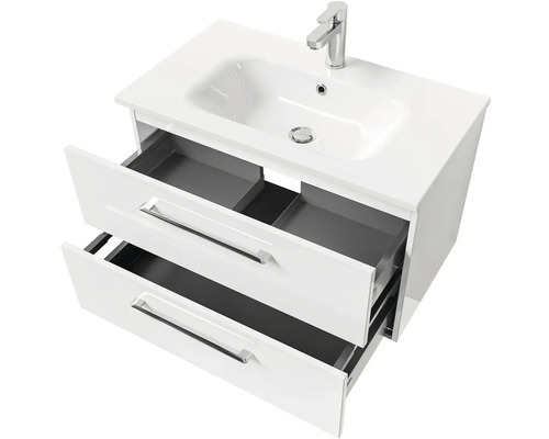 Bílá skříňka pod umyvadlo se dvěma otevřenými zásuvkami, umyvadlem a baterií.