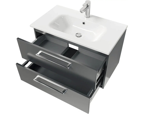 Skříňka pod umyvadlo se dvěma otevřenými zásuvkami, umyvadlo na desku a baterie