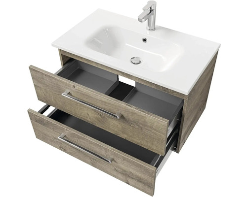 Skříňka pod umyvadlo se dvěma otevřenými zásuvkami, umyvadlem a baterií