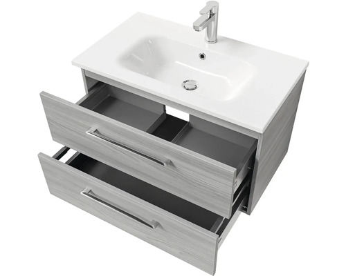 Skříňka pod umyvadlo se dvěma otevřenými zásuvkami, umyvadlem a baterií