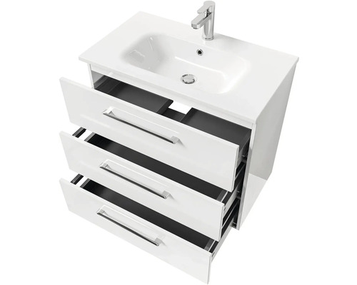 Skříňka pod umyvadlo se třemi otevřenými zásuvkami, umyvadlem na desku a vodovodní baterií