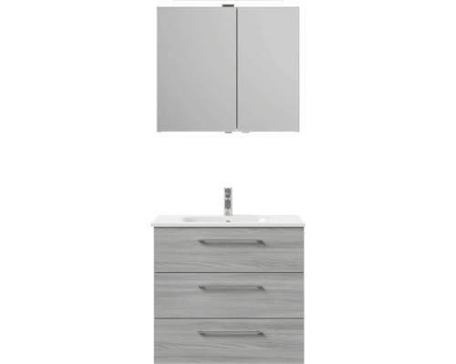 Umyvadlová skříňka se třemi zásuvkami, umyvadlová deska, armatura a zrcadlová skříňka s osvětlením