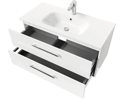 Skříňka pod umyvadlo s umyvadlem a dvěma otevřenými zásuvkami