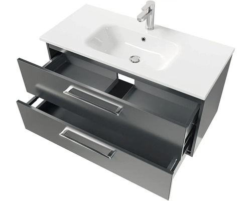 Skříňka pod umyvadlo se dvěma otevřenými zásuvkami a umyvadlem