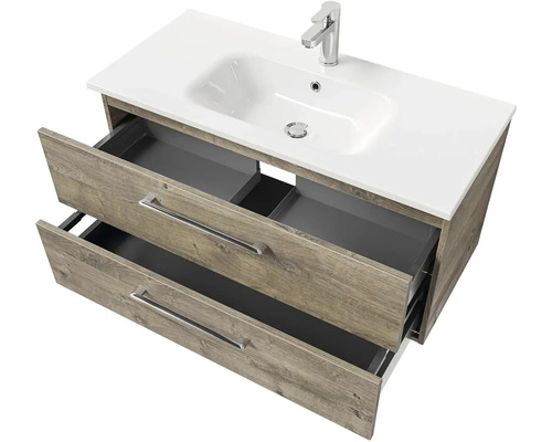 Skříňka pod umyvadlo se dvěma otevřenými zásuvkami, umyvadlem a baterií