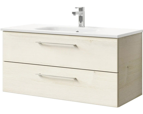 Skříňka pod umyvadlo se dvěma zásuvkami, baterií a bílým umyvadlem