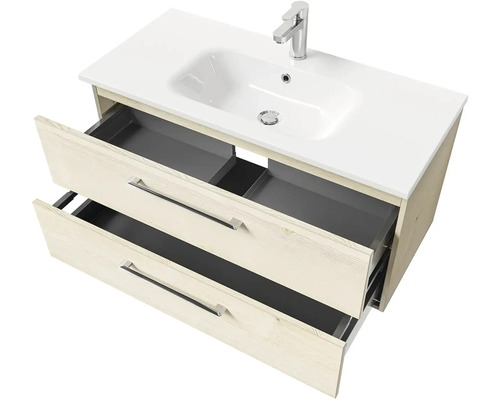 Skříňka pod umyvadlo se dvěma otevřenými zásuvkami, keramické umyvadlo a baterie