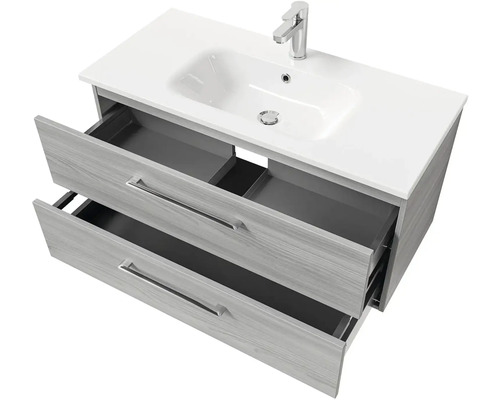 Skříňka pod umyvadlo s umyvadlem a dvěma otevřenými zásuvkami