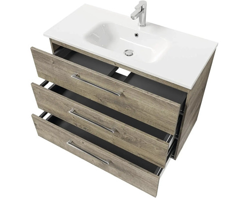 Skříňka pod umyvadlo se třemi otevřenými zásuvkami, umyvadlem a baterií