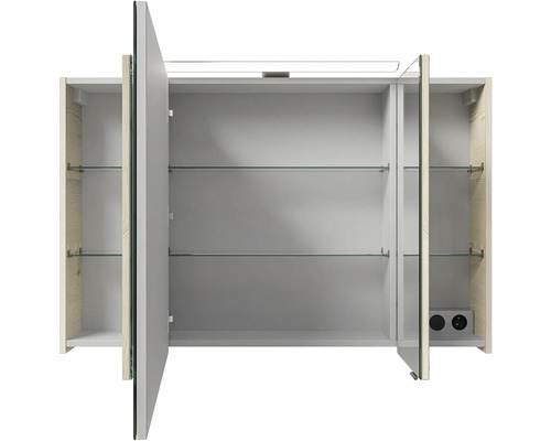 Otevřená zrcadlová skříňka se skleněnými policemi a zásuvkami do koupelny