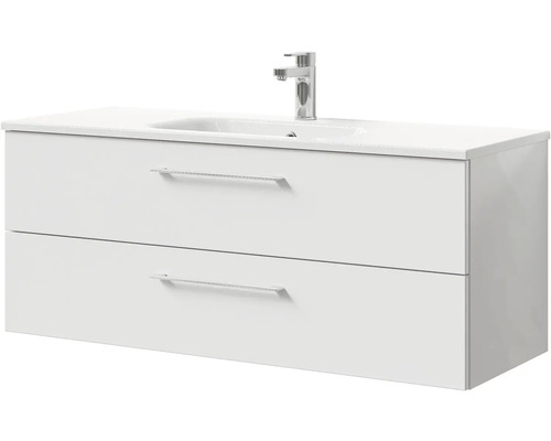 Bílá umyvadlová skříňka se dvěma zásuvkami, umyvadlem na desku a baterií.