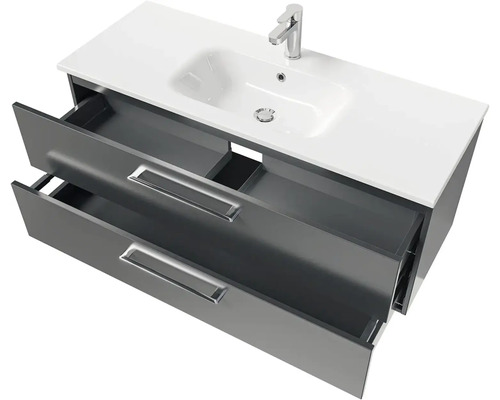 Umyvadlová skříňka se dvěma otevřenými zásuvkami, umyvadlem a baterií