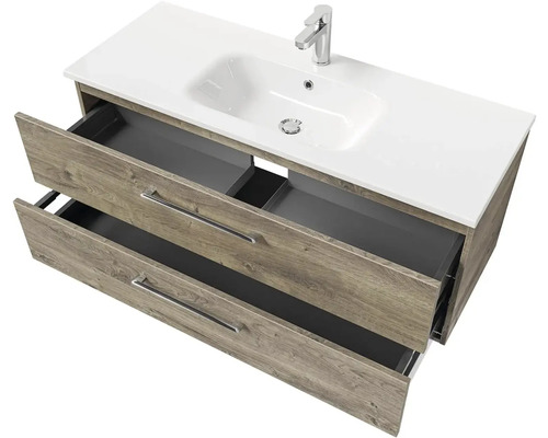 Skříňka pod umyvadlo se dvěma otevřenými zásuvkami, umyvadlo a baterie