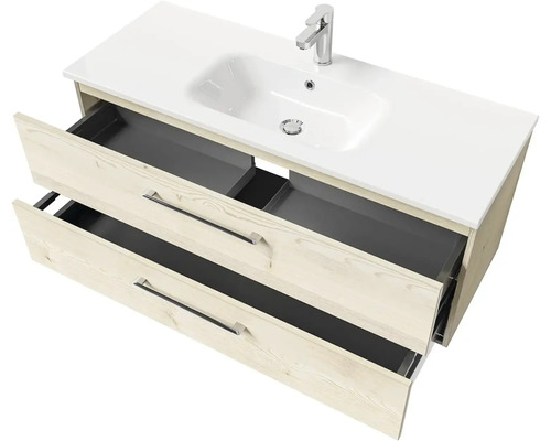 Skříňka pod umyvadlo se dvěma zásuvkami, keramickým umyvadlem a baterií