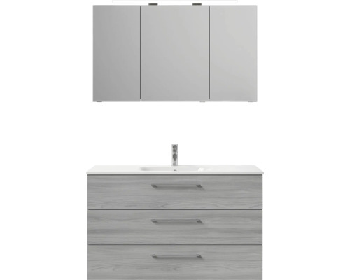 Koupelnová sestava s umyvadlovou skříňkou se třemi zásuvkami a zrcadlovou skříňkou se třemi dvířky