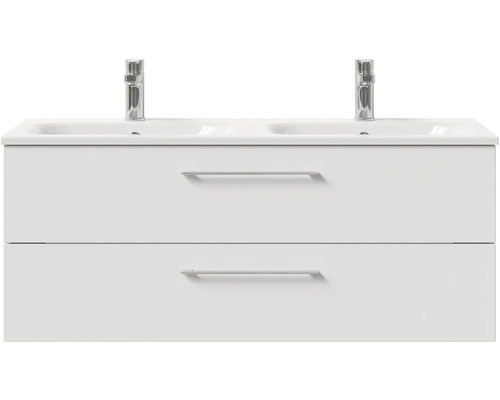 Skříňka pod umyvadlo se dvěma umyvadly a zásuvkami