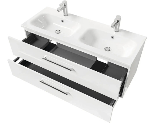 Skříňka pod umyvadlo se dvěma umyvadly a otevřenými zásuvkami