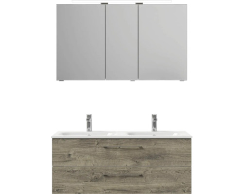 Koupelnová skříňka s umyvadlem se dvěma umyvadly, dvěma zásuvkami a zrcadlovou skříňkou