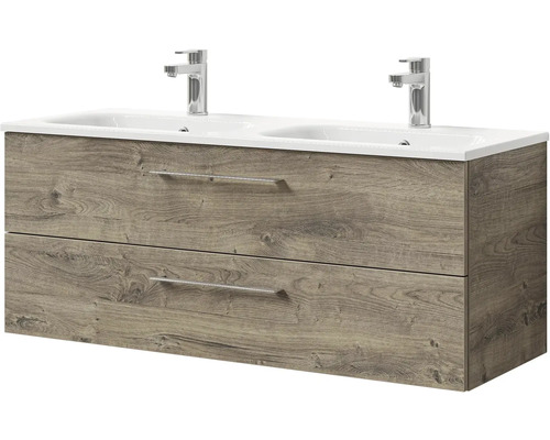 Skříňka pod umyvadlo se dvěma umyvadly, dvěma zásuvkami a vzhledem dřeva