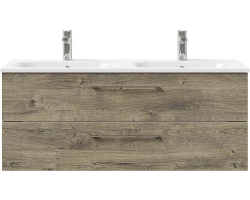 Skříňka pod umyvadlo se dvěma umyvadly a dřevěným dekorem