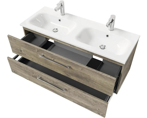 Skříňka pod umyvadlo se dvěma umyvadly, dvěma zásuvkami a bateriemi.