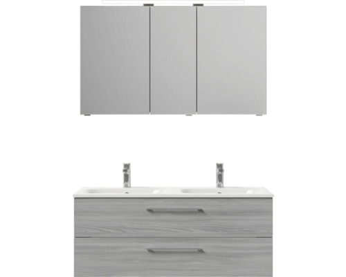 Sestava koupelnového nábytku se zrcadlovou skříňkou, skříňkou pod umyvadlo, umyvadlovou deskou a dvěma vodovodními bateriemi