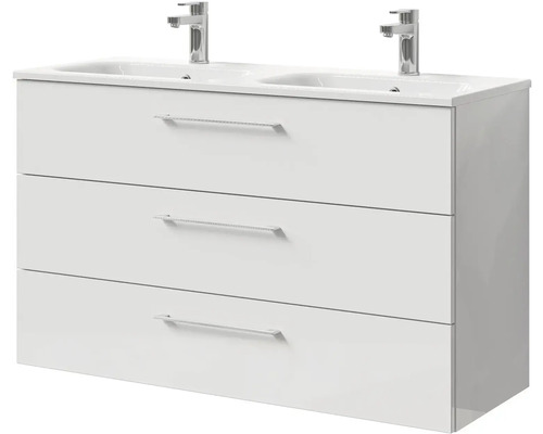 Bílá skříňka pod umyvadlo se třemi zásuvkami a dvěma umyvadly