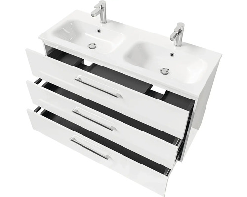 Umyvadlová skříňka se dvěma umyvadly a třemi zásuvkami