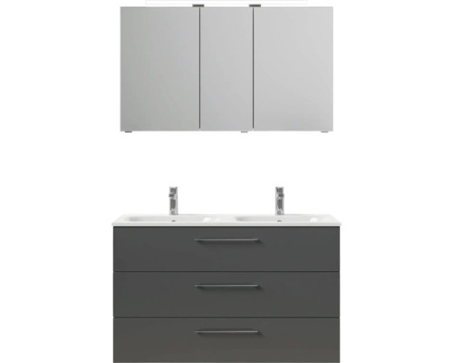 Skříňka pod umyvadlo se třemi zásuvkami, dvěma umyvadly a zrcadlovou skříňkou