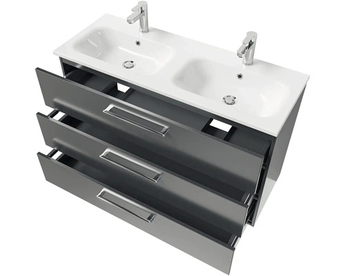 Skříňka pod umyvadlo se dvěma umyvadly a třemi zásuvkami