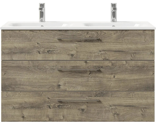 Skříňka pod umyvadlo se třemi zásuvkami, vzhled dřeva a umyvadlo na desku