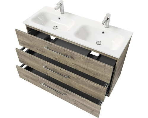 Skříňka pod umyvadlo se dvěma umyvadly a třemi zásuvkami