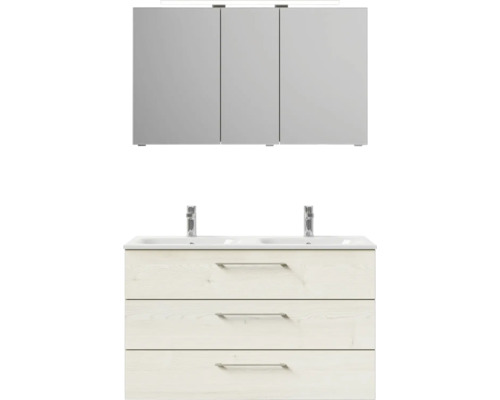 Sestava koupelnového nábytku s umyvadlovou skříňkou, dvojitým umyvadlem a zrcadlovou skříňkou