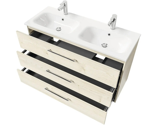 Skříňka pod umyvadlo se dvěma umyvadly a třemi zásuvkami