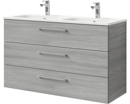 Skříňka pod umyvadlo s dvojitým umyvadlem a třemi zásuvkami