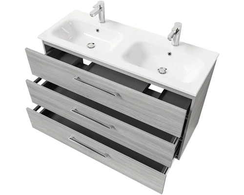 Skříňka pod umyvadlo se dvěma umyvadly a třemi zásuvkami