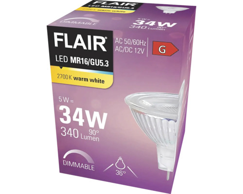 Balení stmívatelné LED žárovky Flair MR16/GU5.3 s 5 watty, 340 lumeny a třídou energetické účinnosti G